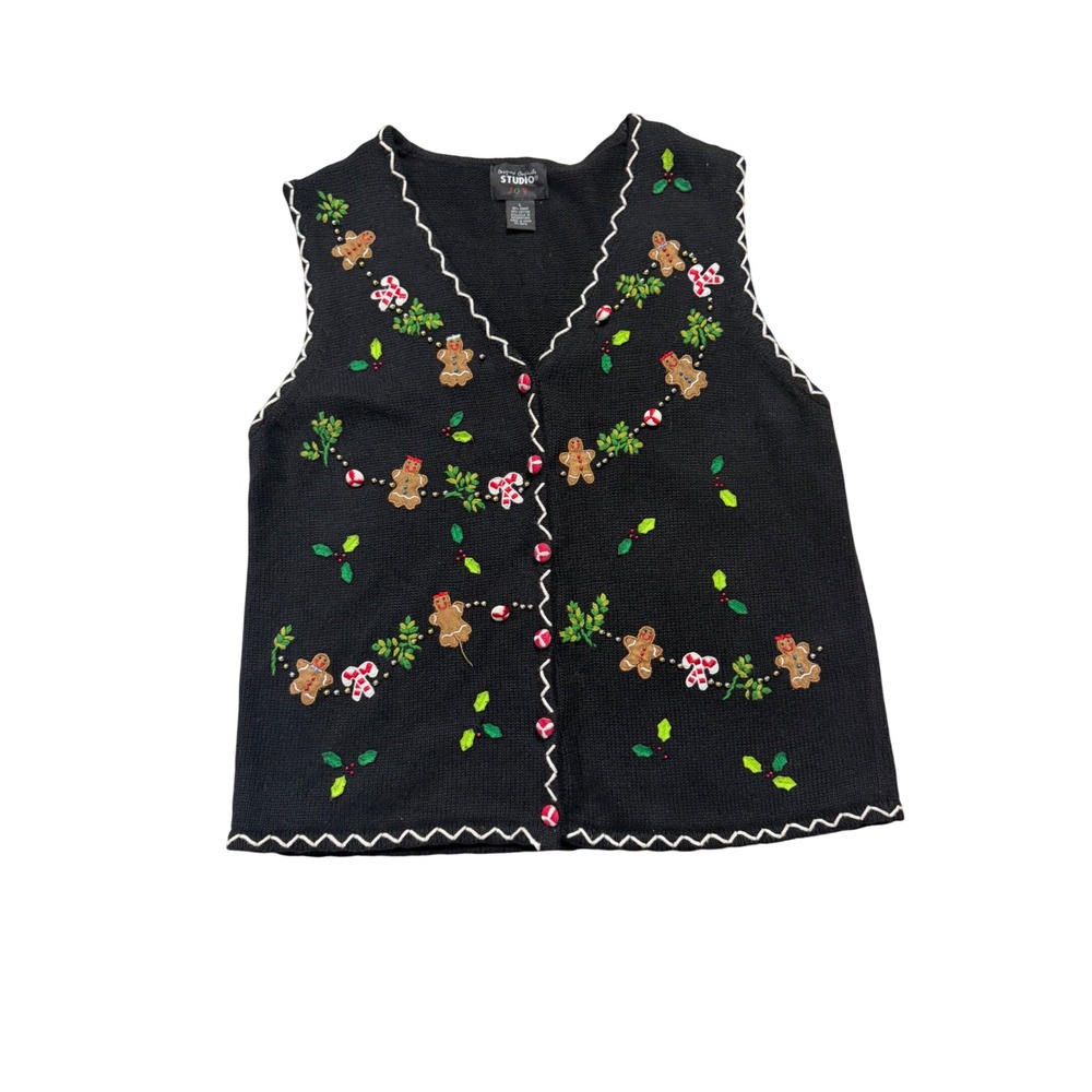 Vintage Studio Joy Christmas Sweater Vest Gingerbread Holly Beaded Black L
